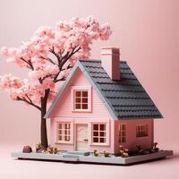 ai gerado fofa Rosa casa. 3d render dentro pastel cores foto