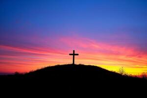 ai gerado religioso Cruz em a fundo do uma brilhante pôr do sol. a conceito do religião e fé. cristandade. generativo ai. foto