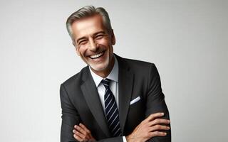 ai gerado velho masculino homem de negocios, 50. anos velho, sorridente velho homem de negocios, branco fundo foto