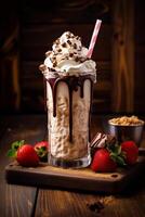 ai gerado gourmet Sombrio chocolate milkshake com marshmallow foto