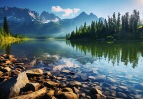 ai gerado foto natural lago com pedra dentro uma natural montanha fundo