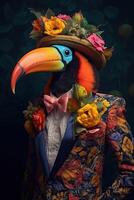 ai gerado tucano vestido dentro a elegante floral terno e uma chapéu. moda retrato do a antropomórfico animal, foto