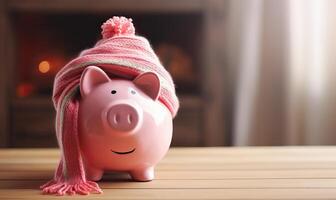 ai gerado uma porquinho banco dinheiro caixa embrulhado acima caloroso com uma lenço. inverno estação aquecimento contas, calor salvando, foto