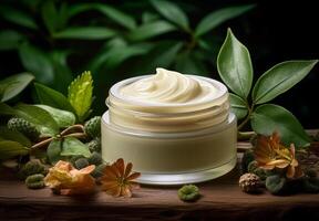 ai gerado natural Cosmético creme jarra em uma velho madeira mesa com folhas e flor foto