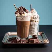 ai gerado gourmet Sombrio chocolate milkshake com marshmallow foto