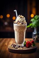 ai gerado gourmet Sombrio chocolate milkshake com marshmallow foto