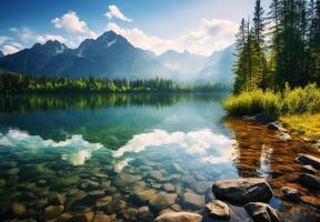 ai gerado foto natural lago com pedra dentro uma natural montanha fundo