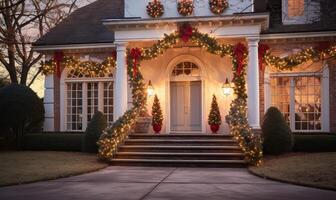 ai gerado exterior Natal decorações dentro a neve, suburbano EUA casa coberto Natal luzes e festivo foto