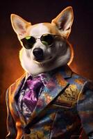 ai gerado cachorro, corgi vestido dentro a elegante moderno floral terno. moda retrato do a antropomórfico animal, foto