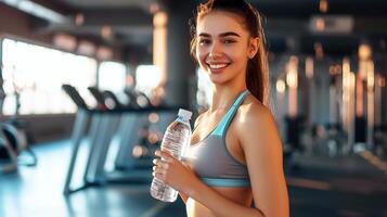 ai gerado alegre exaustivo lindo ginástica menina modelo dentro Academia segurando uma garrafa do água foto