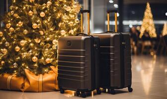 ai gerado ouro Preto malas perto Natal árvore às a aeroporto, bagagem natal viagem projeto, árvore luzes foto