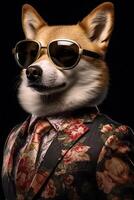 ai gerado cachorro, corgi vestido dentro a elegante moderno floral terno. moda retrato do a antropomórfico animal, foto