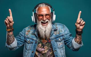 ai gerado uma feliz hipster e legal avô, original estilo e tatuagens, vestindo fones de ouvido desfrutando música foto