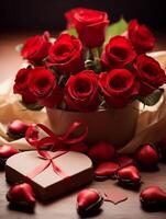 ai gerado elegância do amor vermelho rosas e em forma de coração chocolates com presente foto