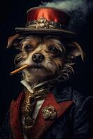 ai gerado cachorro vestido dentro a elegante moderno terno, em pé Como uma líder e uma confiante cavalheiro, fumar uma foto