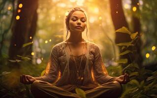 ai gerado despertar através místico meditação. uma mulher dentro lótus pose dentro a floresta, praticando ioga e foto