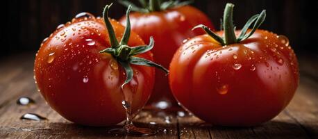 ai gerado fresco vermelho tomates com água gotas em de madeira fundo. horizontal culinária fundo com legumes. comercial promocional Comida foto