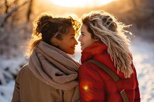 ai gerado feliz sorridente lésbica casal dentro amor, amigas abraçando e sorridente dentro uma Nevado floresta, inverno foto