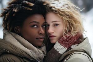 ai gerado feliz lésbica casal dentro amor, amigas abraçando e sorridente dentro uma Nevado floresta, inverno temporada. foto