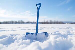 ai gerado fechar-se do uma neve pá compensação garagem, inverno serviço, neve manutenção, varrer neve a partir de estrada foto