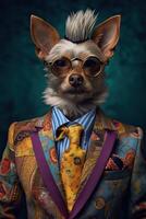 ai gerado cachorro vestido dentro a elegante moderno terno com uma agradável gravata. moda retrato do a antropomórfico animal foto