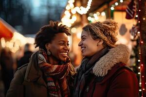 ai gerado feliz sorridente lésbica casal dentro amor, amigas abraçando e sorridente às Natal mercado, inverno foto