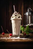 ai gerado gourmet Sombrio chocolate milkshake com marshmallow foto