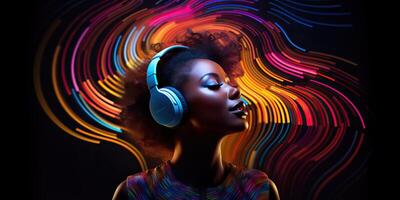 ai gerado africano mulher vestindo fones de ouvido, desfrutando música fluxo, sentindo-me emoções dentro vibrante cor vibrações, foto