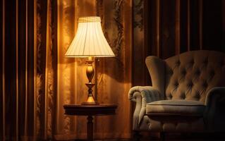ai gerado uma luminária e uma cadeira dentro uma quarto com uma luminária em a parede foto