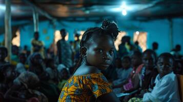 ai gerado uma jovem menina com malária dentro uma clínica com de outros ansioso pacientes e fluorescente luzes. foto