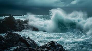 ai gerado uma tormentoso mar com imponente ondas e irregular pedras uma símbolo do natural obstáculos e desafios foto
