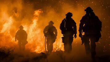 ai gerado uma equipe do bombeiros confrontar uma feroz inferno chamas e fumaça foto