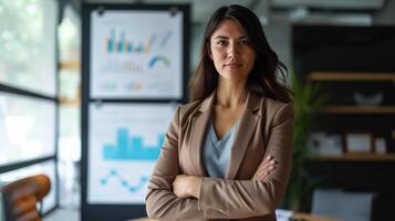 ai gerado uma confiante empresária dentro uma sala de reuniões com gráficos e gráficos mostrando positivo resultados, representando a conquistas foto