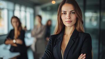 ai gerado uma confiante e independente mulher patrão direção uma grupo do talentoso empregados dentro uma dinâmico local de trabalho foto