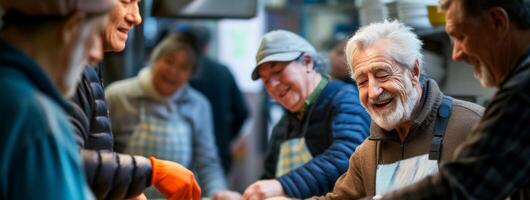 ai gerado compassivo bebê boomers voluntariado às sopa cozinha para a pobre. foto