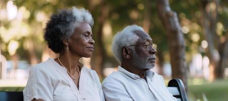 ai gerado Preto casal olhando para dentro a distância Como elas plano seus aposentadoria e investimento metas em uma parque banco. foto