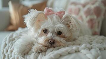 ai gerado uma fofa maltês cachorro com uma Rosa arco em dele cabeça mentiras em uma branco fofo cadeira e parece às a Câmera foto