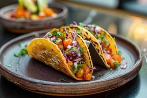 ai gerado mexicano tacos com carne bovina, tomates, cebolas e outras em branco fundo foto