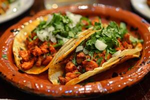 ai gerado mexicano tacos com carne bovina, tomates, cebolas e outras em branco fundo foto