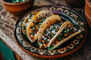 ai gerado mexicano tacos com carne bovina, tomates, cebolas e outras em branco fundo foto