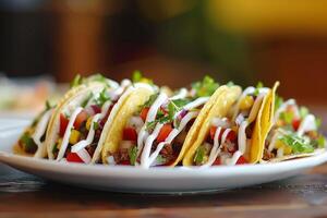 ai gerado mexicano tacos com carne bovina, tomates, cebolas e outras em branco fundo foto