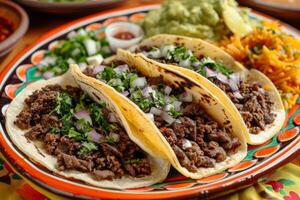 ai gerado mexicano tacos com carne bovina, tomates, cebolas e outras em branco fundo foto