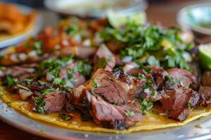 ai gerado mexicano tacos com carne bovina, tomates, cebolas e outras em branco fundo foto