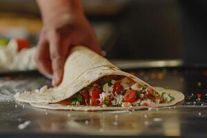 ai gerado mexicano tacos com carne bovina, tomates, cebolas e outras em branco fundo foto