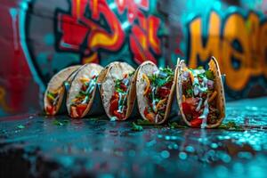 ai gerado mexicano tacos com carne bovina, tomates, cebolas e outras em branco fundo foto