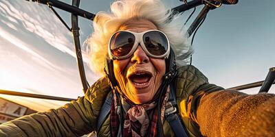 ai gerado Senior mulher, avó levando uma selfie enquanto pára-quedismo, fazendo livre outono e vôo dentro a céu. foto