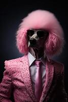 ai gerado cachorro, Rosa poodle, vestido dentro a elegante moderno terno com uma agradável gravata, vestindo oculos escuros. moda foto