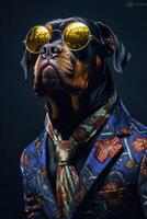 ai gerado cachorro rottweiler vestido dentro a elegante terno com uma agradável gravata. moda retrato do a antropomórfico foto