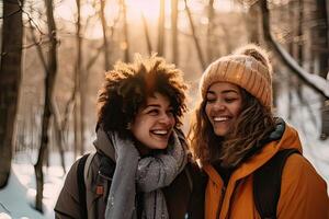 ai gerado feliz sorridente lésbica casal dentro amor, amigas abraçando e sorridente dentro uma Nevado floresta, inverno foto