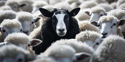 ai gerado uma Preto ovelha entre uma rebanho do branco ovelha, levantando cabeça Como uma líder. conceito do em pé Fora a partir de foto